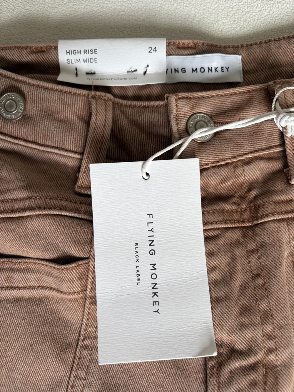 Flying Monkey Warm Taupe High Rise Tab Waistband Slim Wide Leg Jeans - Picture 4 of 11